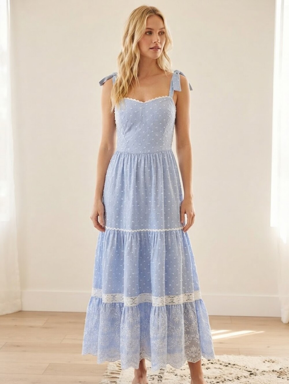 Shabby Chic Blue White Striped Swiss Dot Tiered Cottagecore Maxi Dress Size 6
